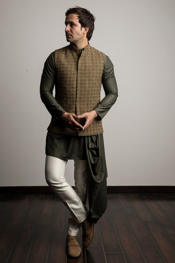 Olive green embellished nehru jacket with draped kurta