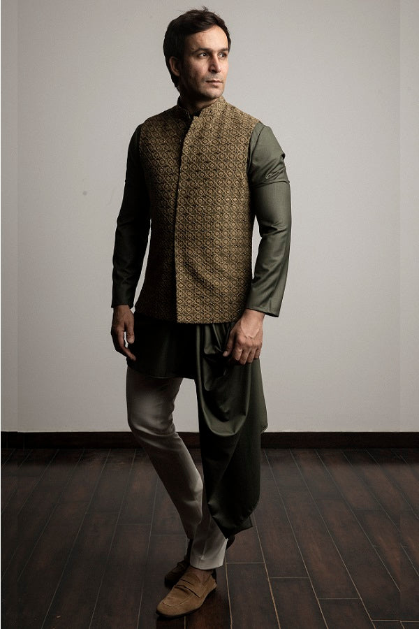 Olive green embellished nehru jacket with draped kurta