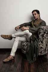 Olive green embellished nehru jacket with draped kurta