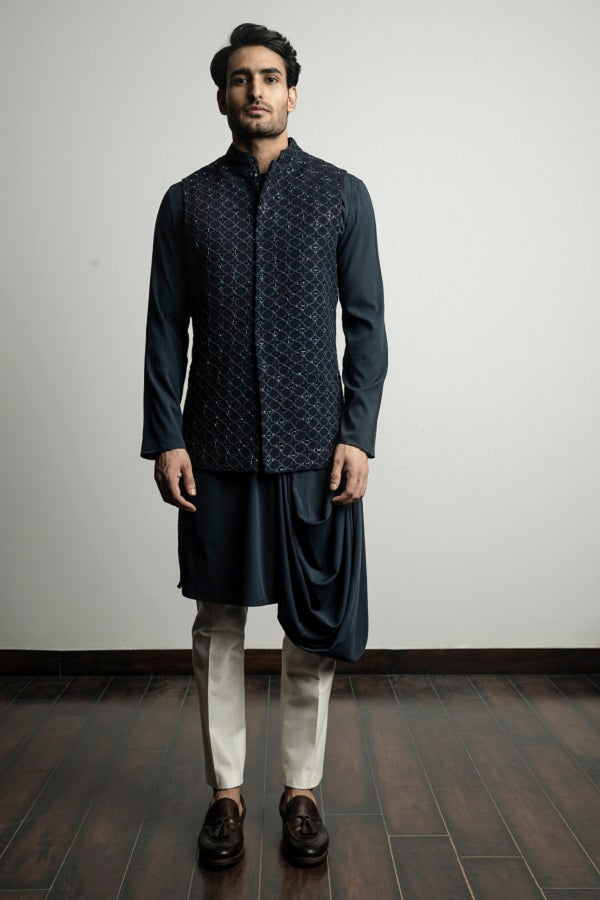 Navy blue embellished nehru jacket