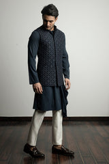 Navy blue embellished nehru jacket