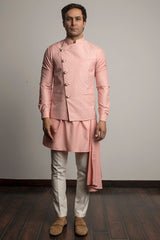 Light pink block print overlapped nehru jacket