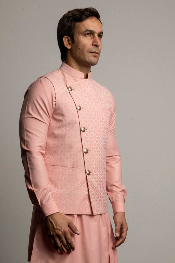 Light pink block print overlapped nehru jacket