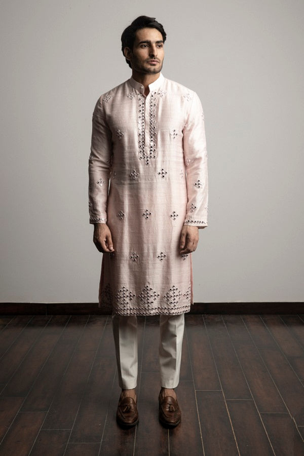 Pink raw silk mirror kurta set