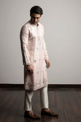 Pink raw silk mirror kurta set