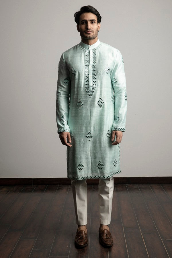 Sea green raw silk  mirror work  kurta set