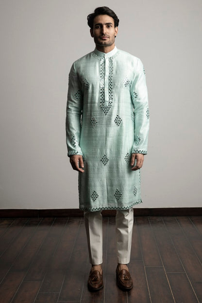 Sea green raw silk  mirror work  kurta set