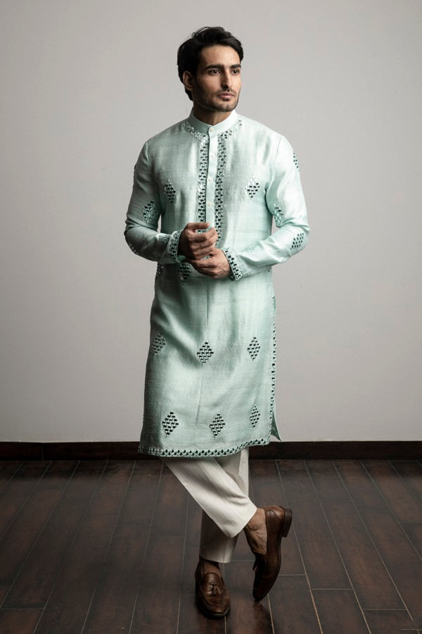 Sea green raw silk  mirror work  kurta set