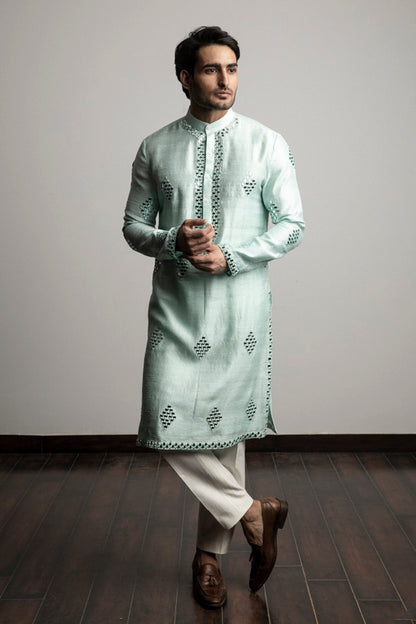 Sea green raw silk  mirror work  kurta set