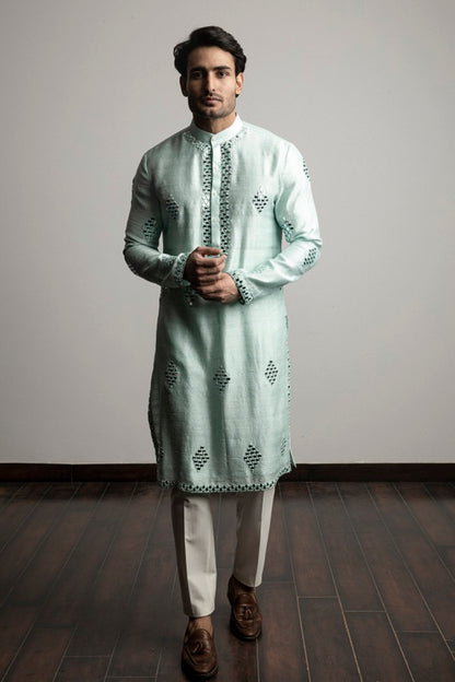 Sea green raw silk  mirror work  kurta set