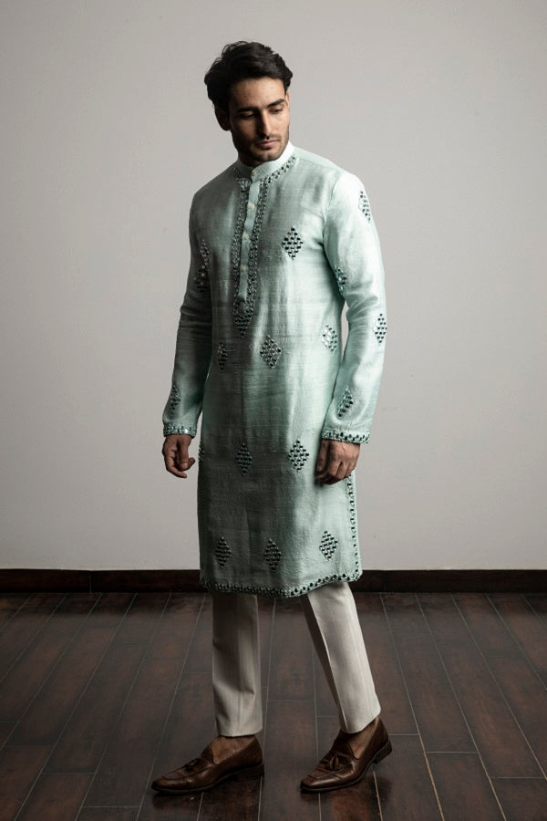 Sea green raw silk  mirror work  kurta set