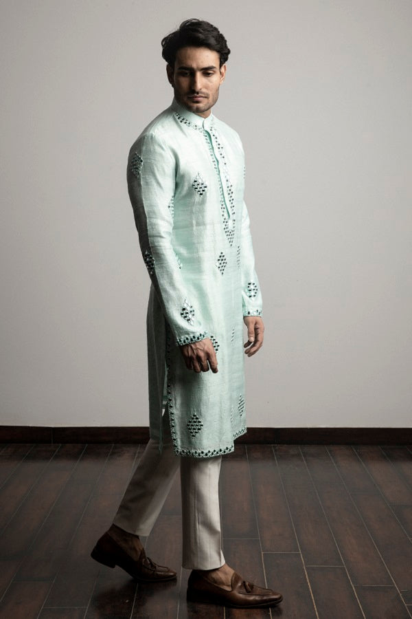 Sea green raw silk  mirror work  kurta set