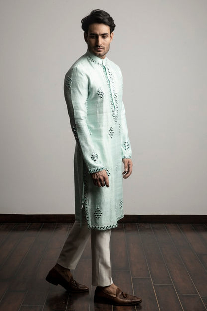 Sea green raw silk  mirror work  kurta set