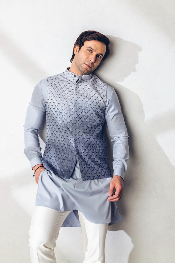 Silver grey ombre machine+hand embroidered nehru jacket