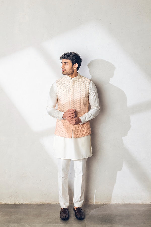 Peach ombre machine + hand embroidered nehru jacket