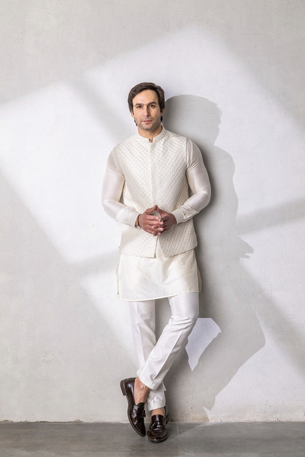 Off white intricate embroidery nehru jacket