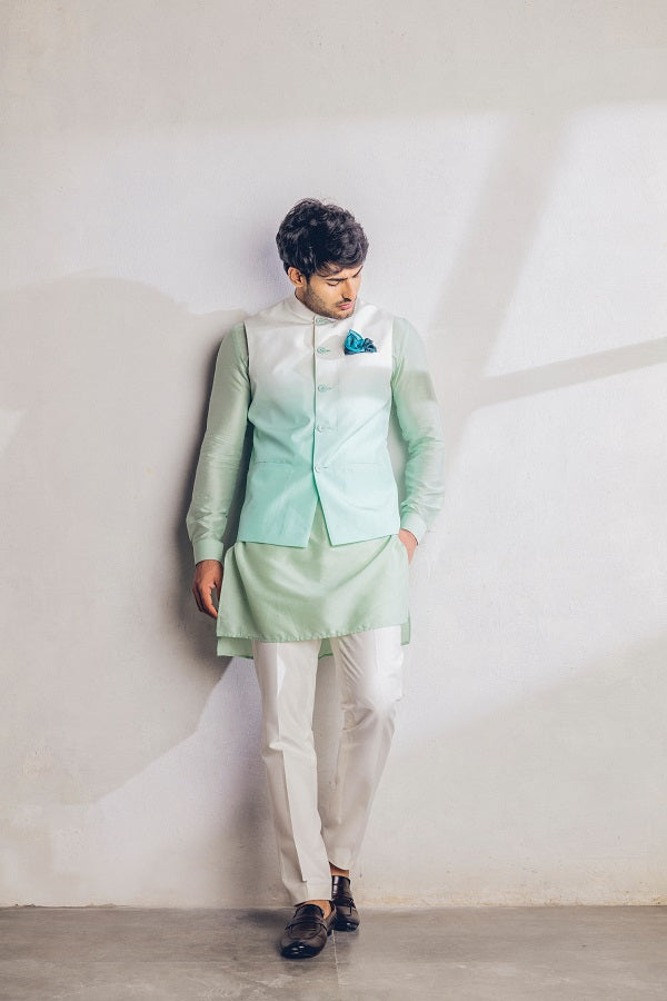 Sea green silk ombre nehru jacket