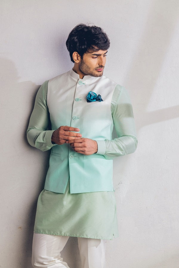 Sea green silk ombre nehru jacket