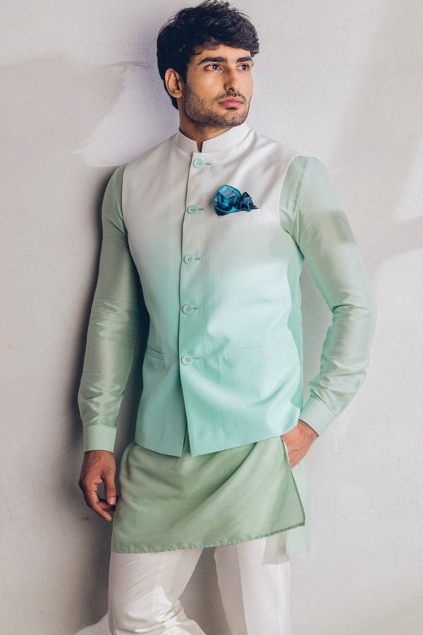 Sea green silk ombre nehru jacket