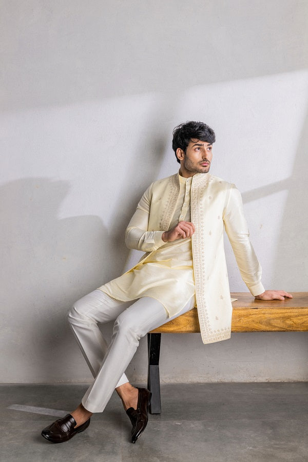 Lime yellow dori work long nehru jacket