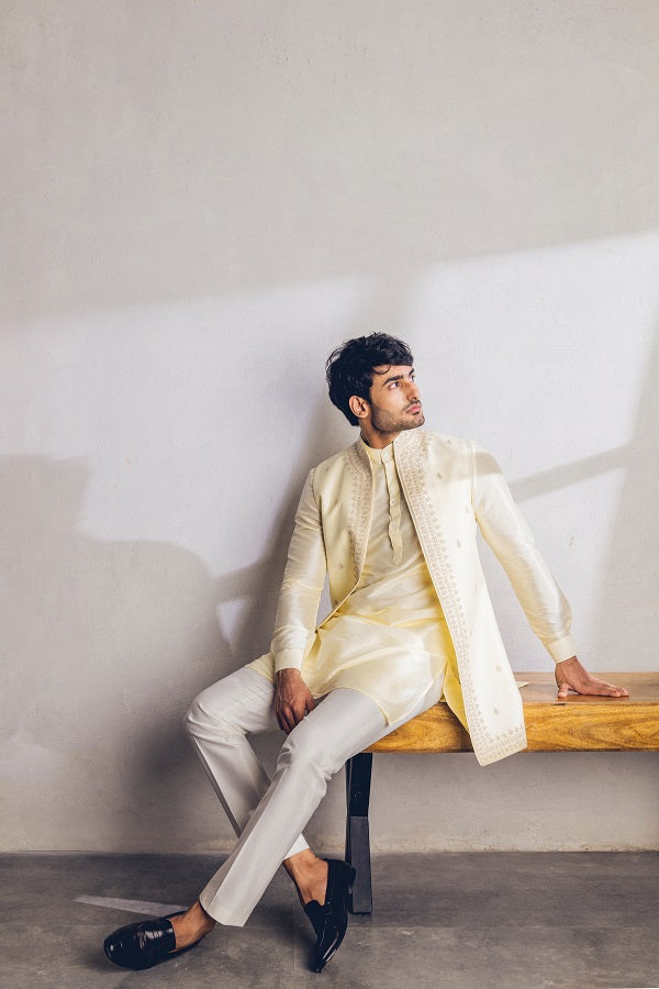 Lime yellow dori work long nehru jacket