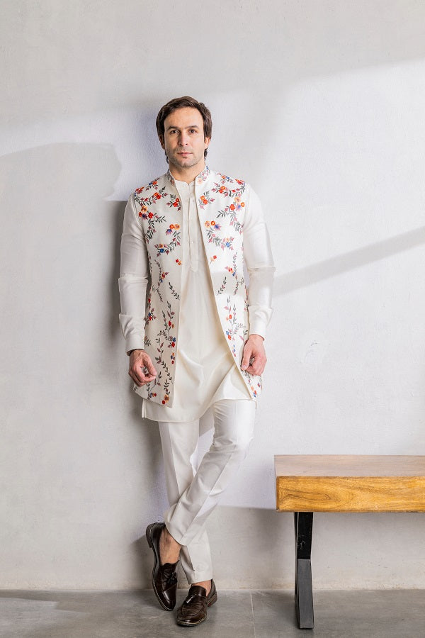 White multi coloured embroidery long open jacket
