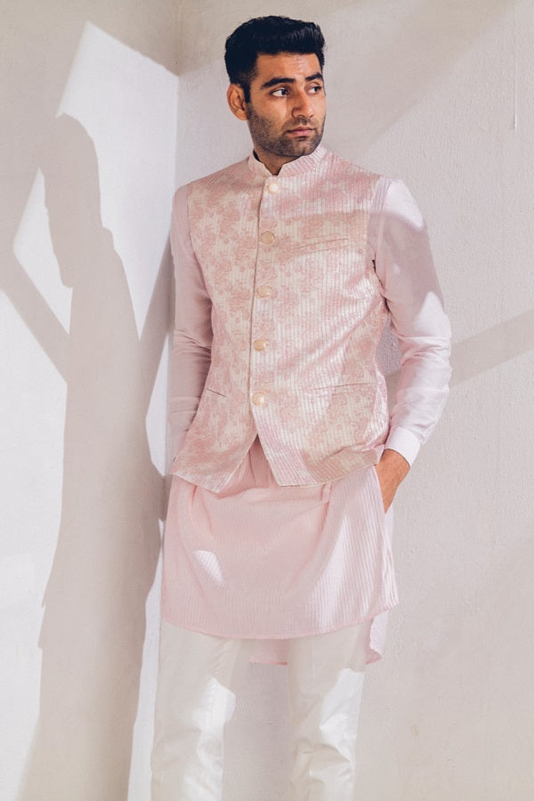 Pink jacquard with anchor threading nehru jacket