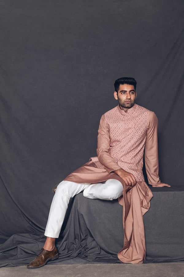 Rose gold hand embroidered nehru jacket with layered kurta