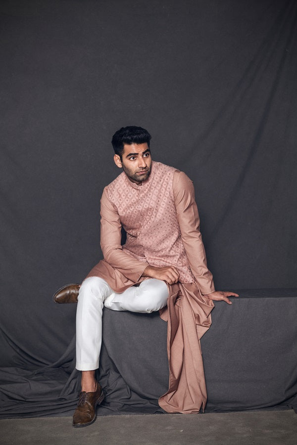 Rose gold hand embroidered nehru jacket with layered kurta