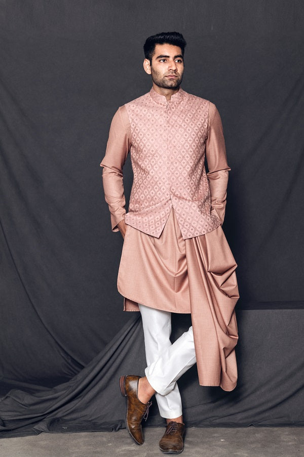 Rose gold hand embroidered nehru jacket with layered kurta