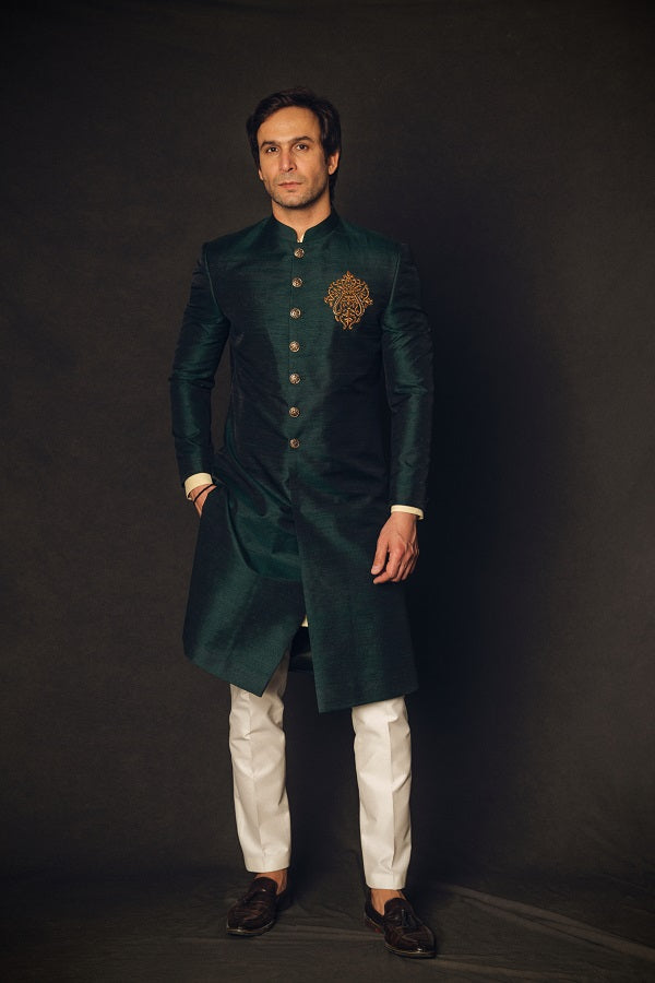 Green raw silk achkan with dabka motif
