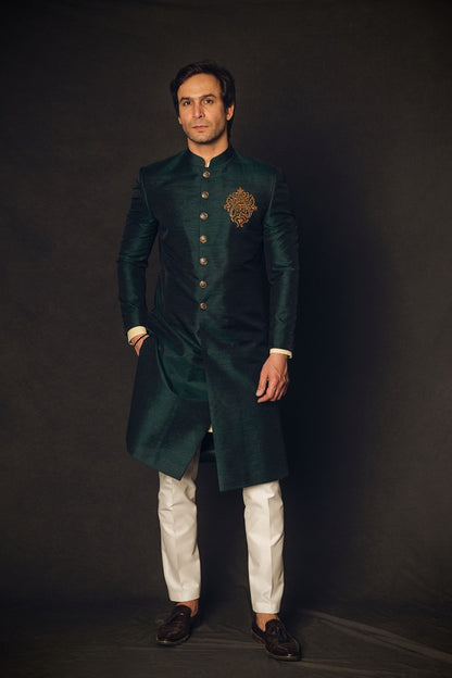 Green raw silk achkan with dabka motif