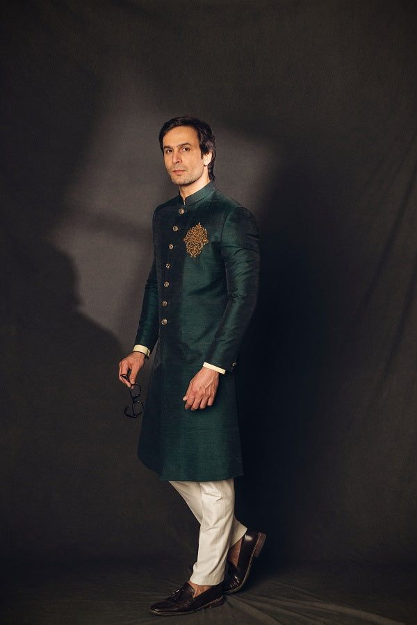 Green raw silk achkan with dabka motif
