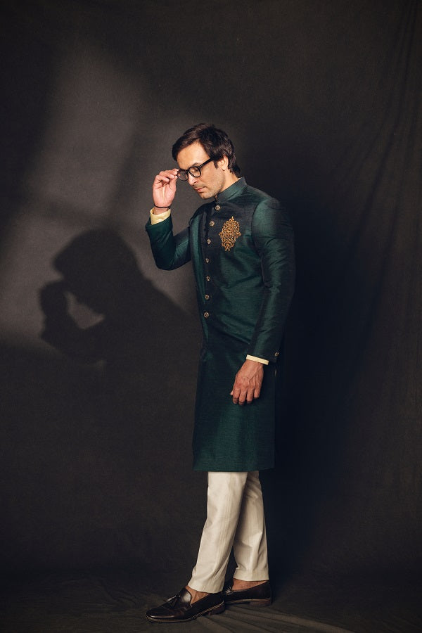 Green raw silk achkan with dabka motif