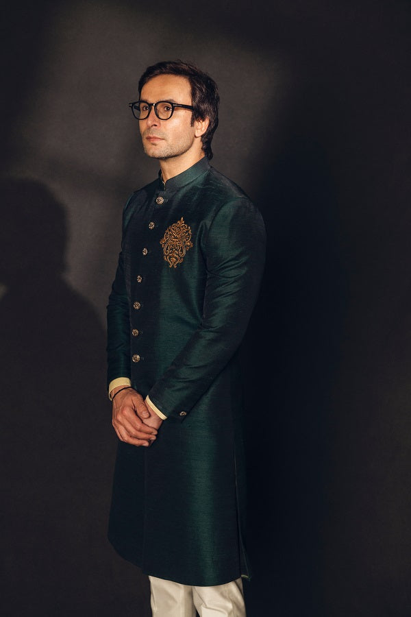Green raw silk achkan with dabka motif