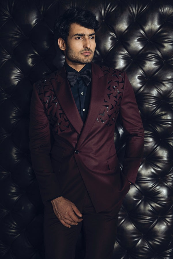 Wine hand embellished double breasted suit