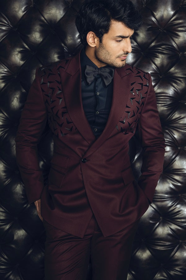Wine hand embellished double breasted suit